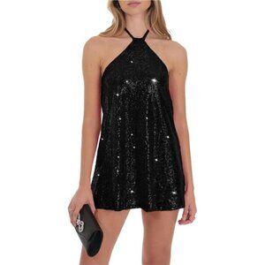Women's Glitter Sequin Dress Halter Neck Black